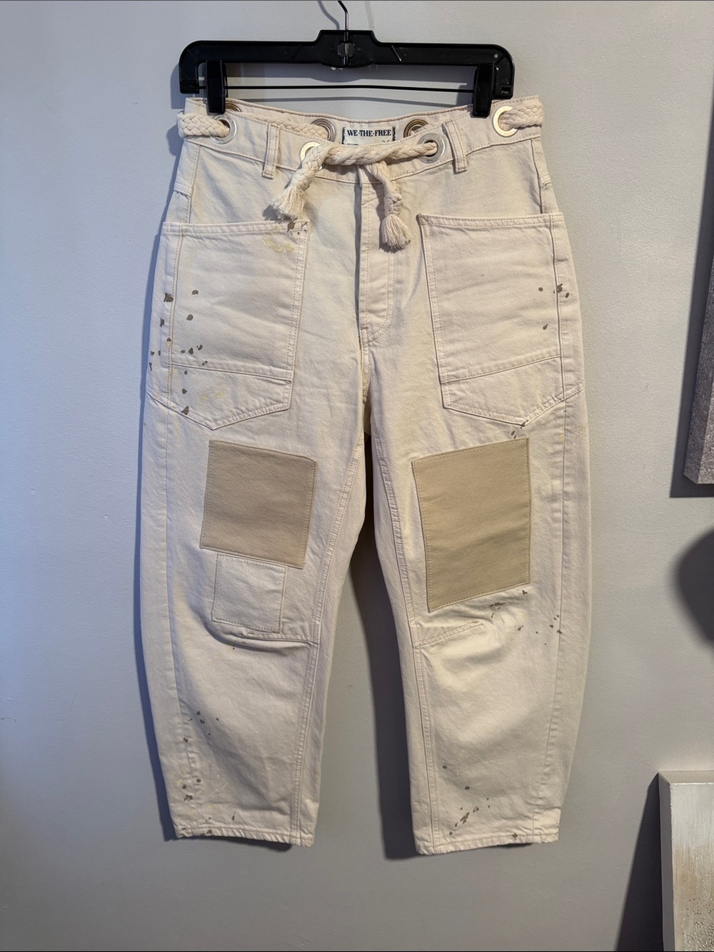 Free People We The Free Cream Barrel Jeans with Tan Knee Patches - 25